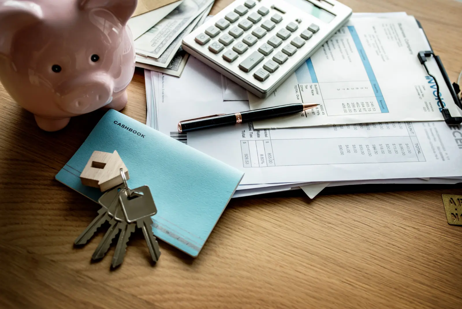 Accounting Papers Placed All Over the Table with House Keys and Cashbook in Focus