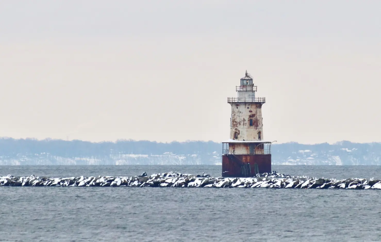 Hooper Island Lighthouse in Connecticut on a Cloudy Winter Day