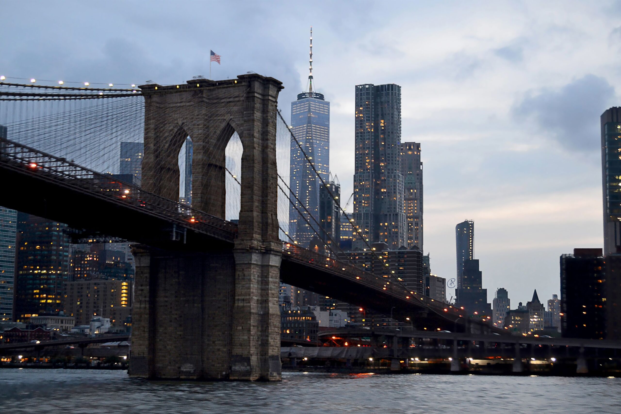 Manhattan Skyline Dawn Taken in Front of Brooklyn Bridge