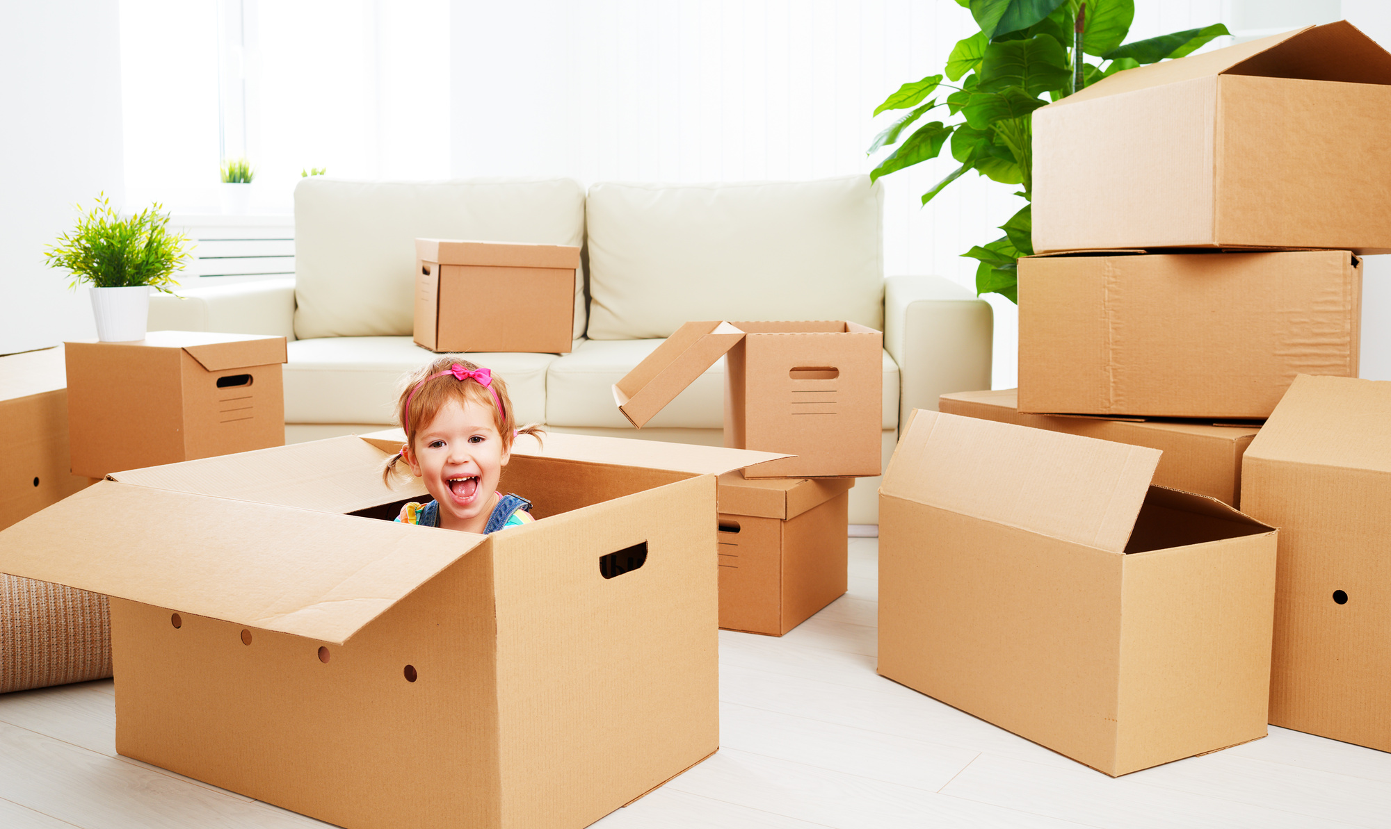 Happy Child in a Cardboard Box After Moving to New Apartment