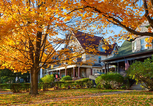 Old Mansions in the Family Neighborhood Covered With Autumn Leaves During the Fall Time in Buffalo New York