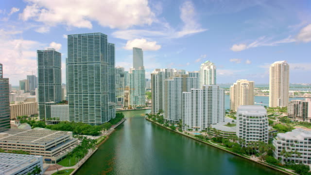 Aerial shot Moving Towards Downtown Miami from the Brickell Key in Miami, Florida.