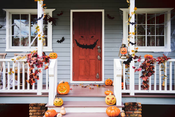 Halloween Pumpkins and Decorations Outside Family Home